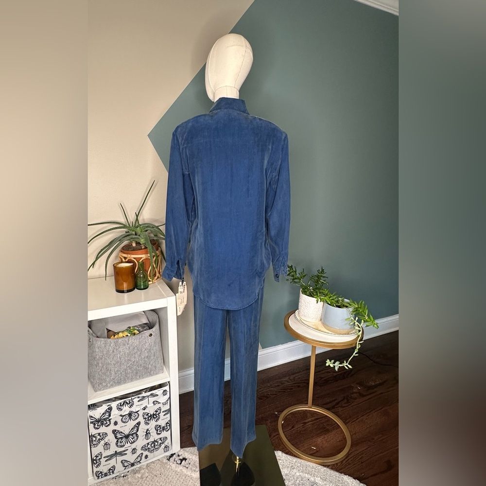 Vintage 90s Fiji Petite Silk Loungewear Set 2-Piece Blue Drawstring Pants S/XS - Picture 4 of 16